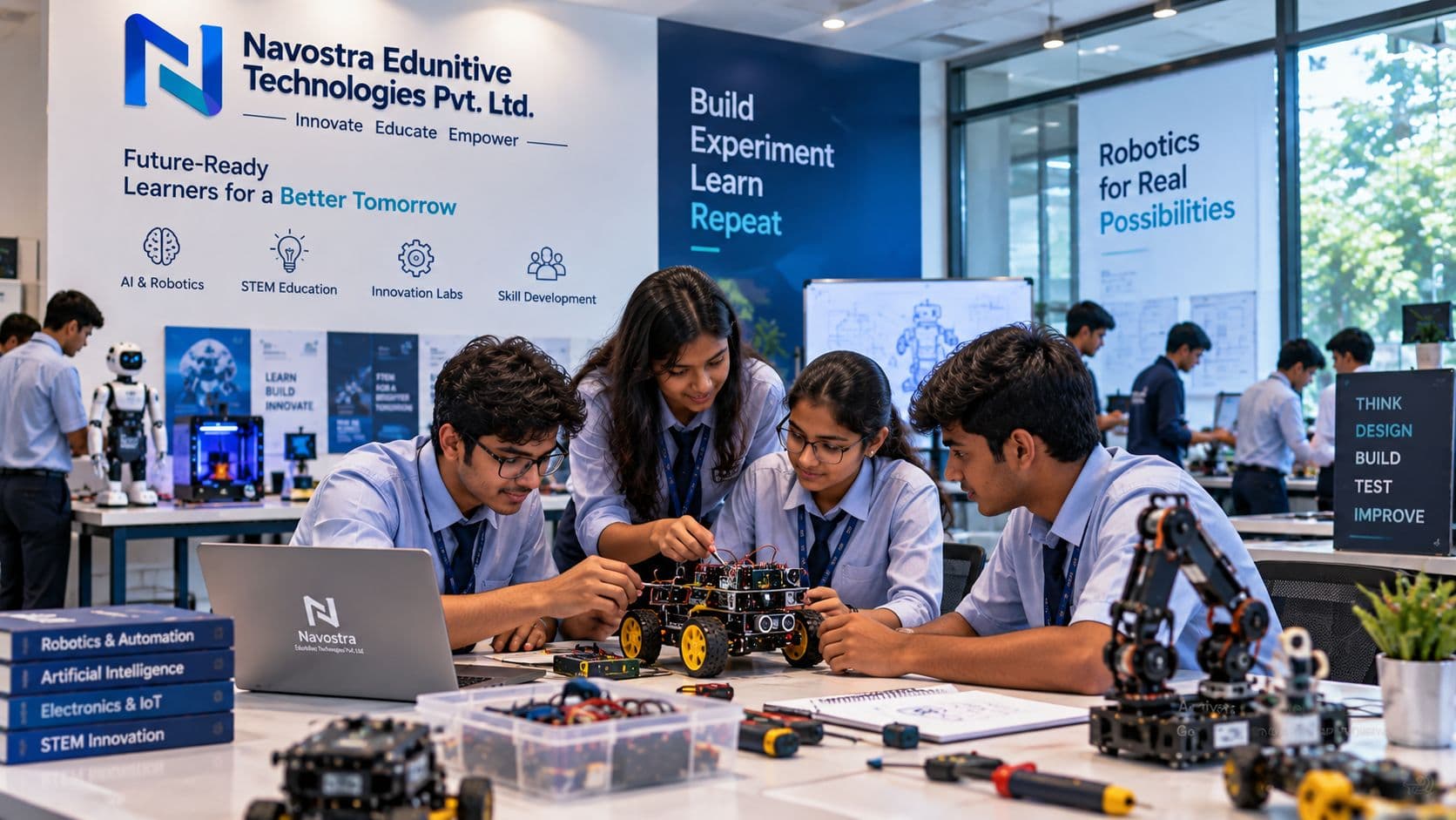 Students working with robotics