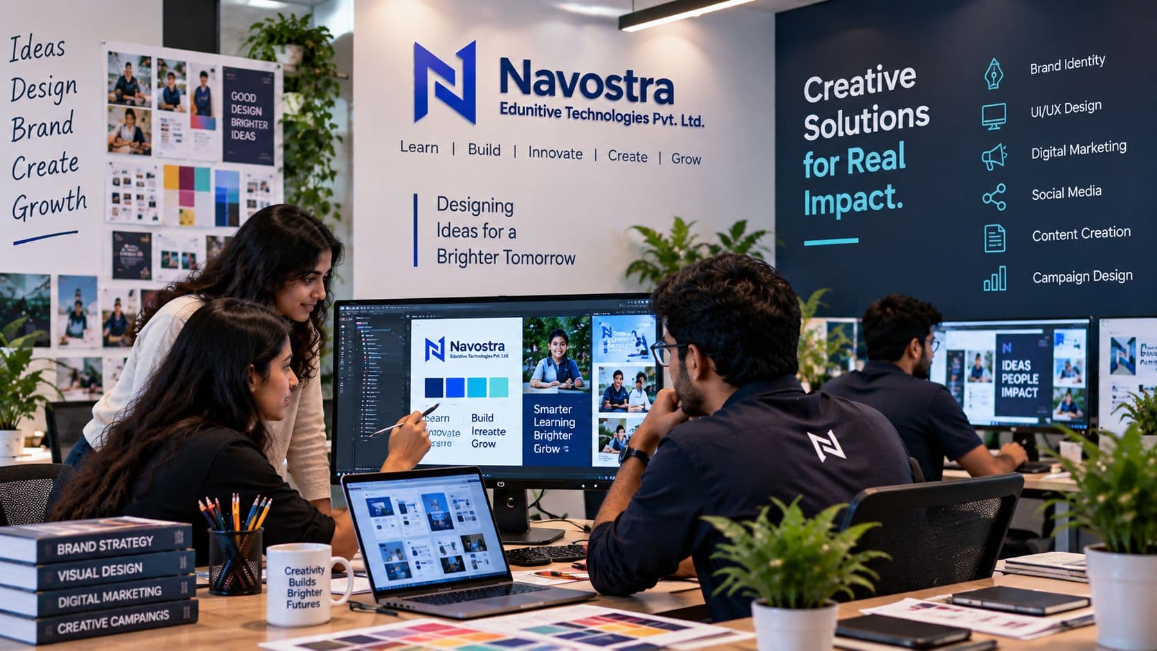 Navostra creative team collaborating on branding UI UX and digital design