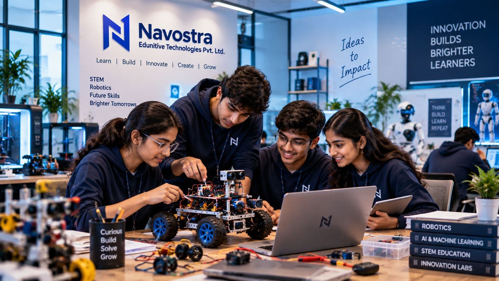 Students working on robotics and STEM projects in a Navostra innovation learning environment