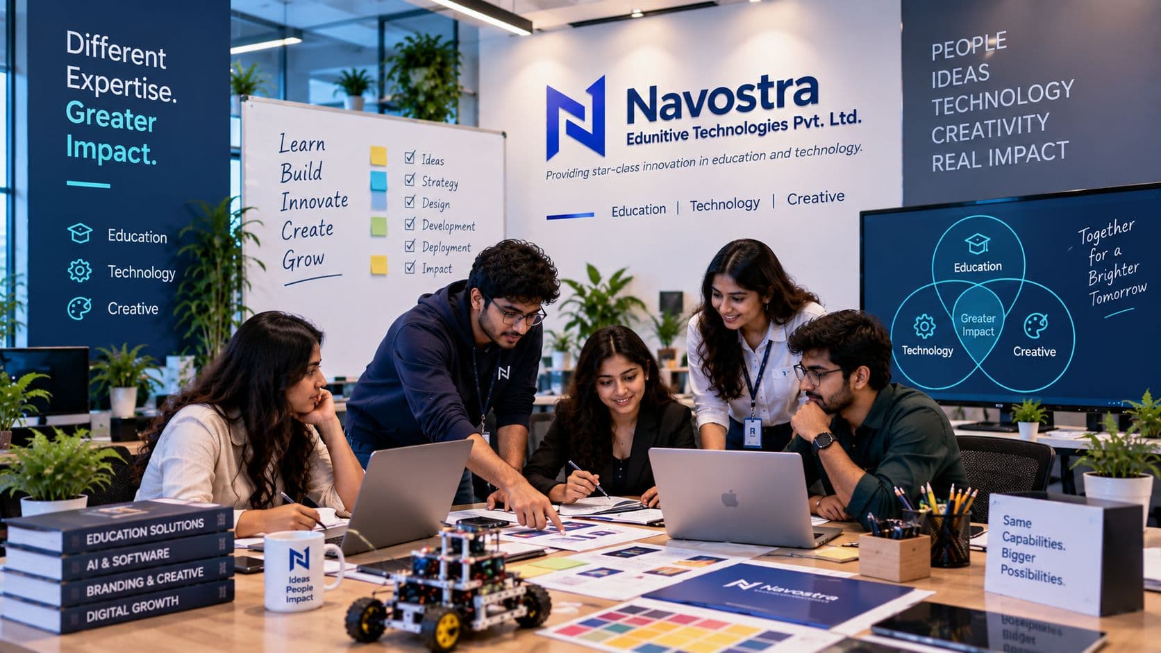 Multidisciplinary Navostra team collaborating across education technology and creative disciplines